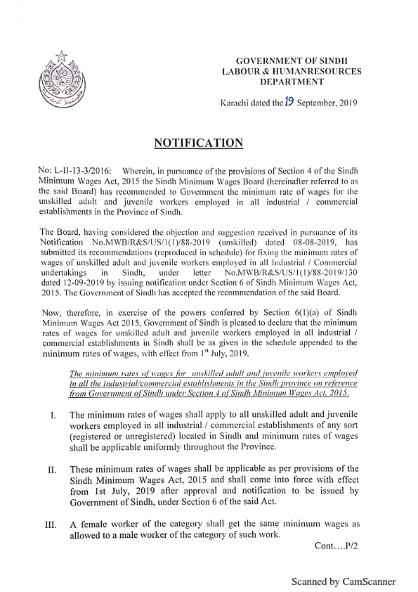 Minimum Wage Notification 2019 Labour Dept, GOS Employers