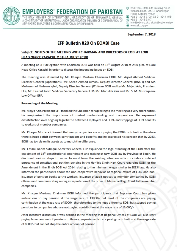 EFP Bulletin 20 On EOABI Case Employers Federation of Pakistan