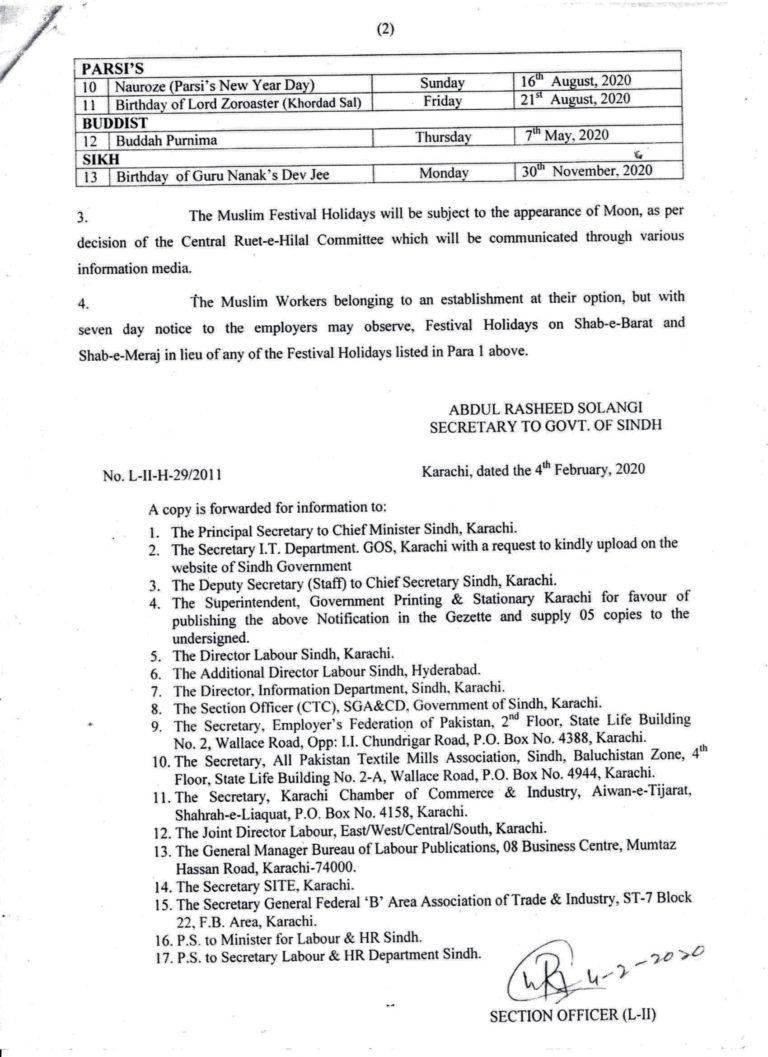 Public Holidays – Govt Of Sindh 2020 – Employers Federation Of Pakistan