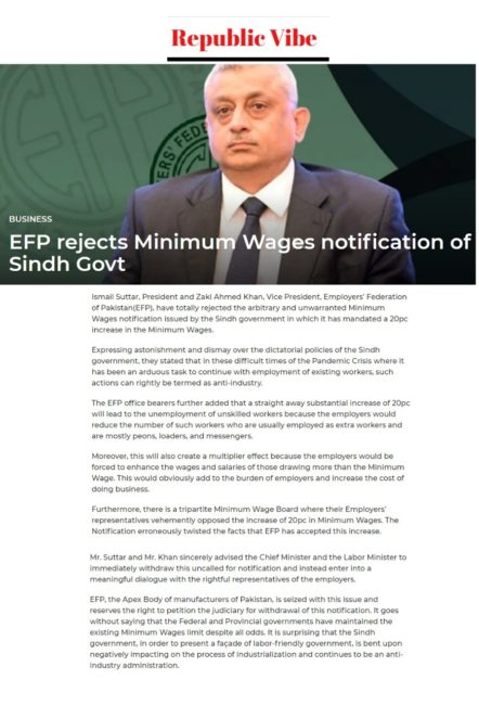 EFP Rejects Minimum Wages Notification Of Sindh Govt – Employers ...